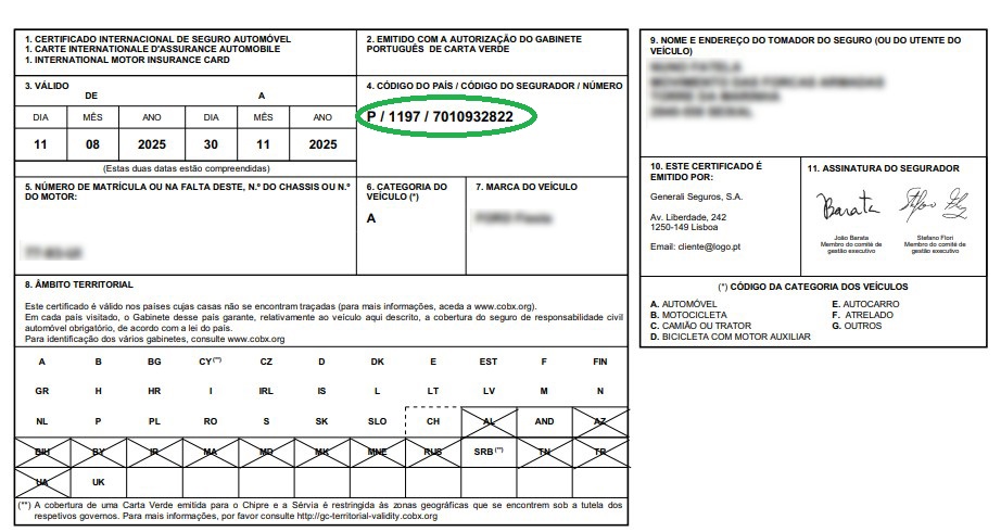 número da carta verde do seguro. O número da carta verde aparece em posição central no Campo 4 do Certificado Internacional do Seguro e é composto pelo código do país, código da seguradora e pelo número da apólice.